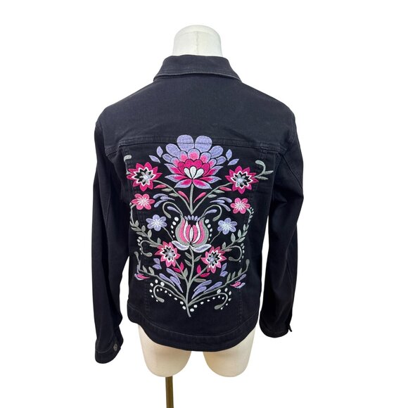 Black Denim Jacket W/ Floral Embroidery On Back Button Closure Long Sleeves Sz S - Picture 3 of 9